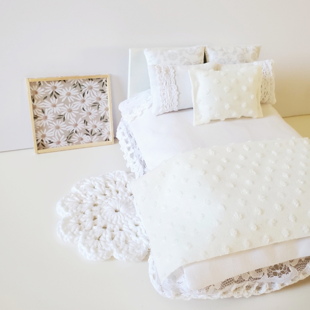 Miniature Dollhouse 1:12 Scale Handmade Bedding Set White French Cottagecore
